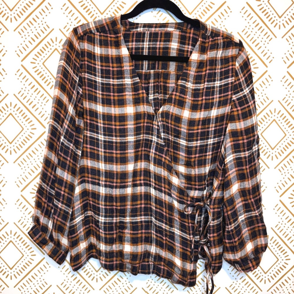 J.Crew‎ Plaid Tie Front Blouse Top Brown Orange Black Tartan Women Size S